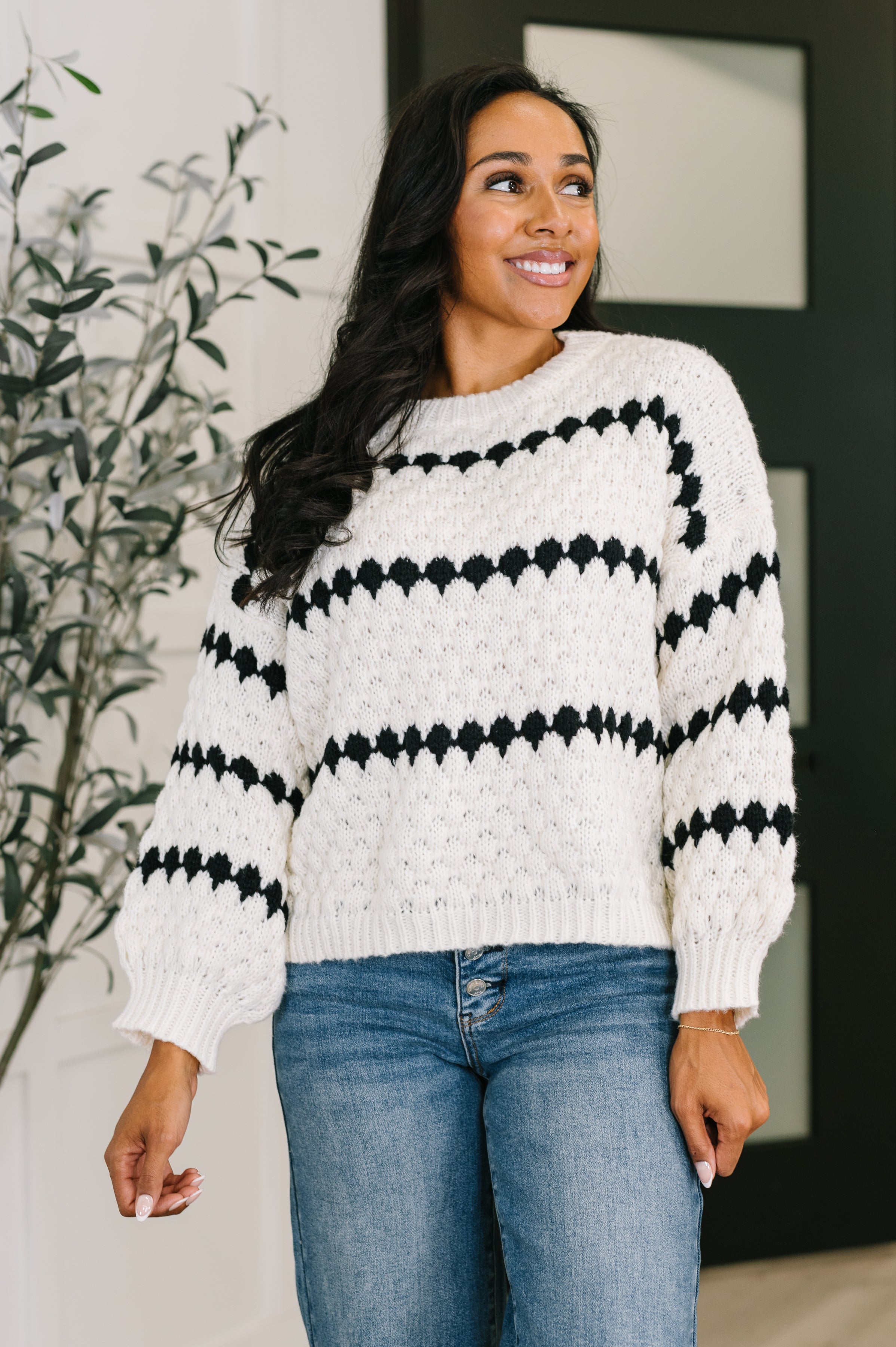 Ivy Lane Textured Sweater in White and Black - Charming Charlie