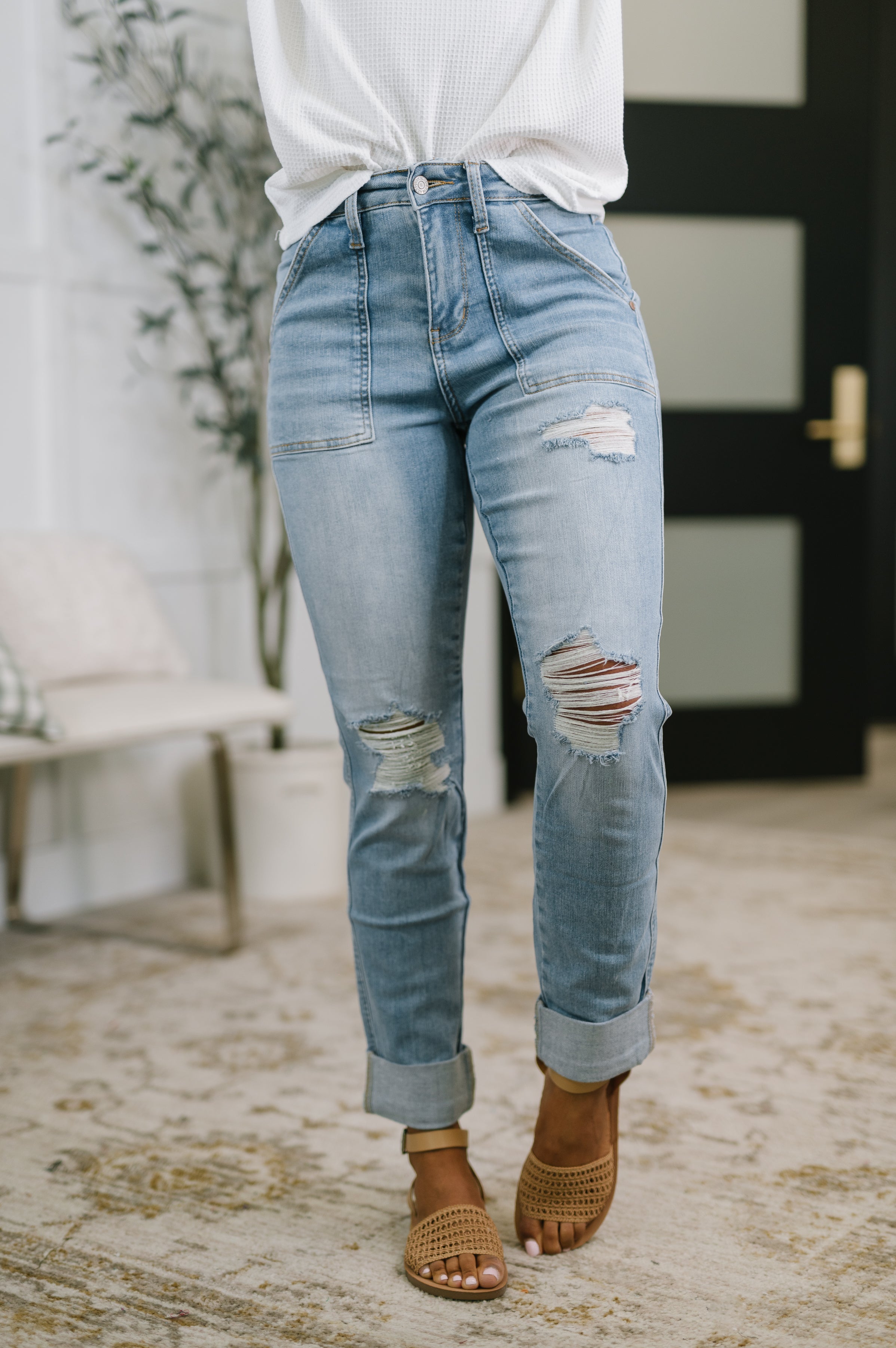 Aiden High Rise Patch Pocket Distressed Boyfriend Jeans - Charming Charlie