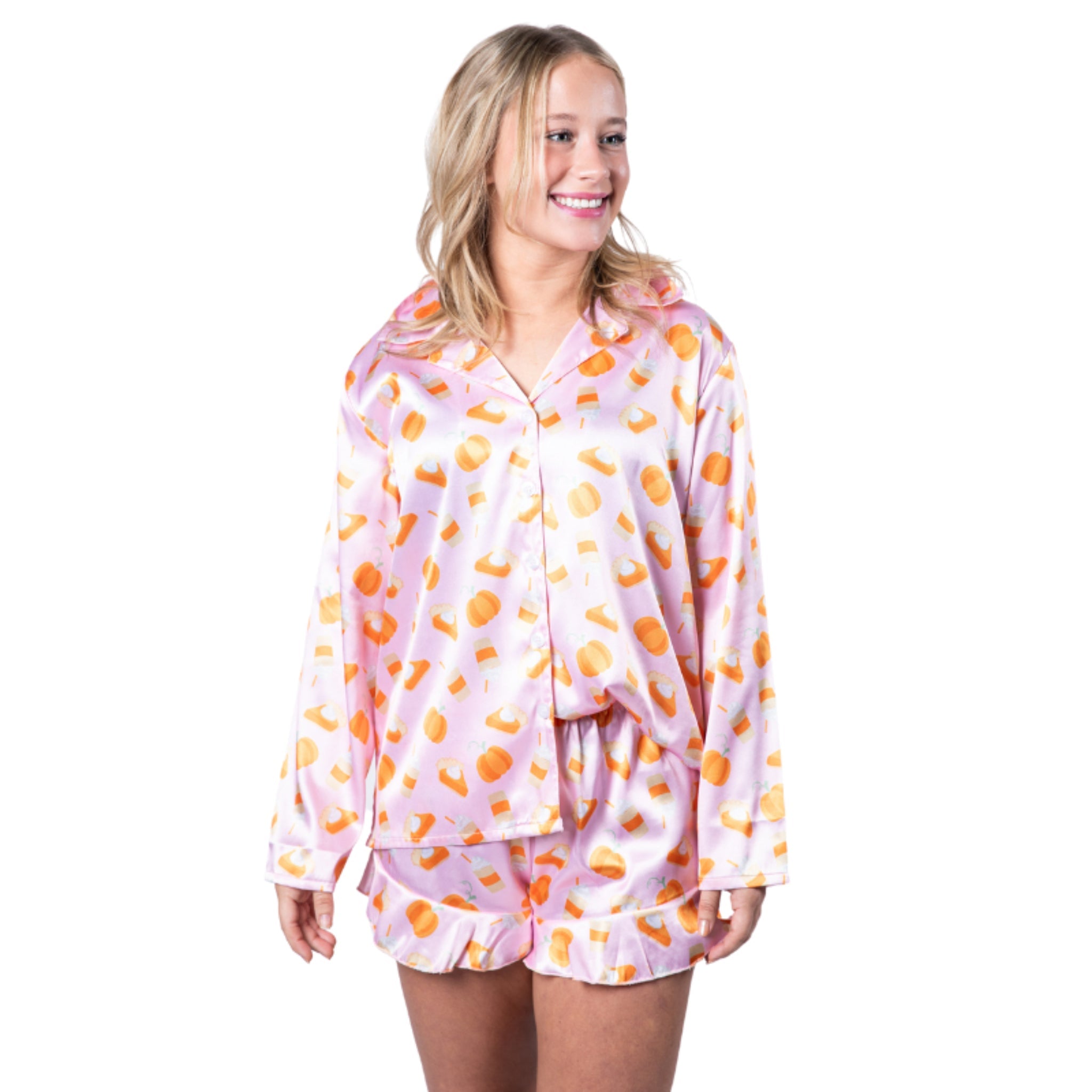 Pumpkin Pie Satin Pajama Long Sleeve Short Set - Charming Charlie
