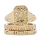 Set of 3, Gold Starburst Signet Ring, Ribbed Gold Band, Gold Band with Mini Crystal Stars Ring