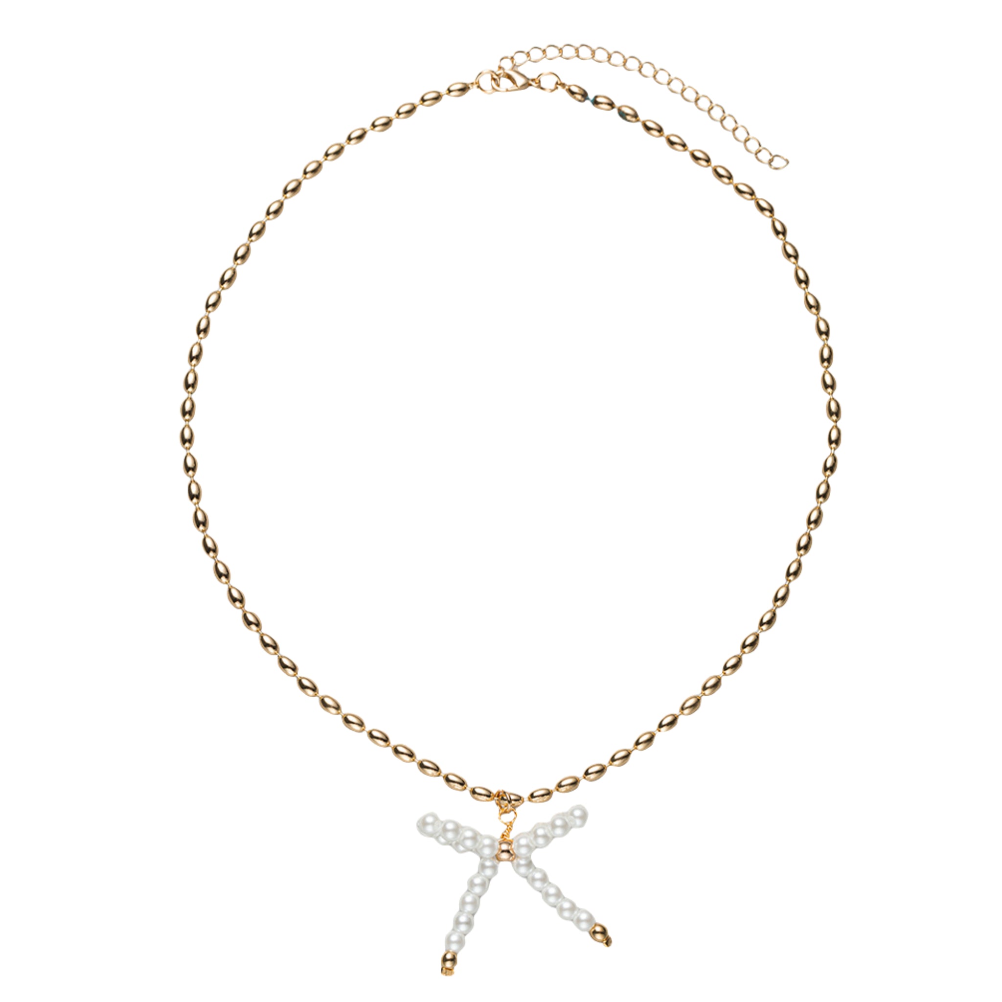 Gold Beaded Necklace with Pearl Beaded Bow