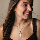 18k Gold Plated Ball Station Chain Necklace with Electroplated Pearl Cross