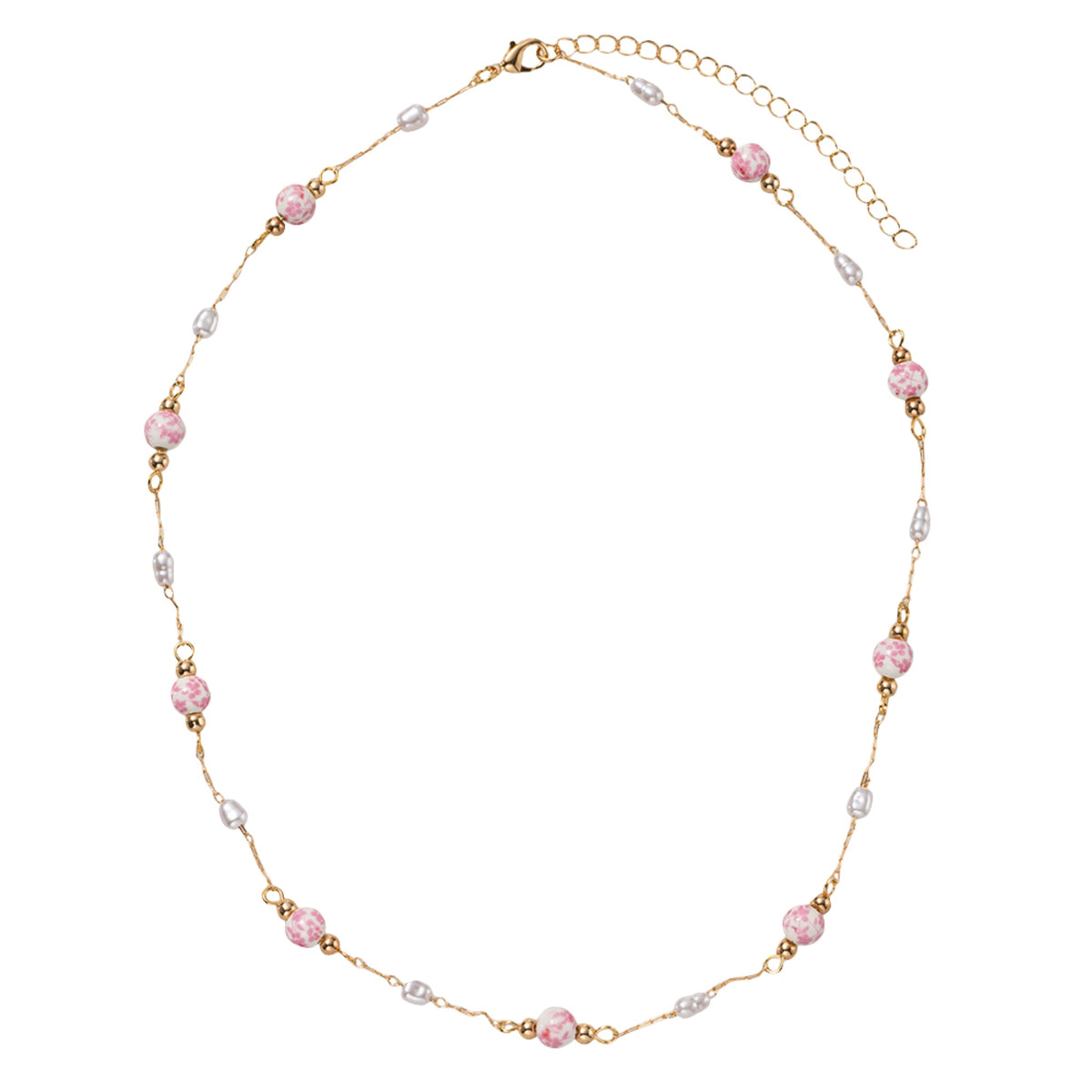 Pink Floral Bead and Pearl Stations Paperclip Necklace
