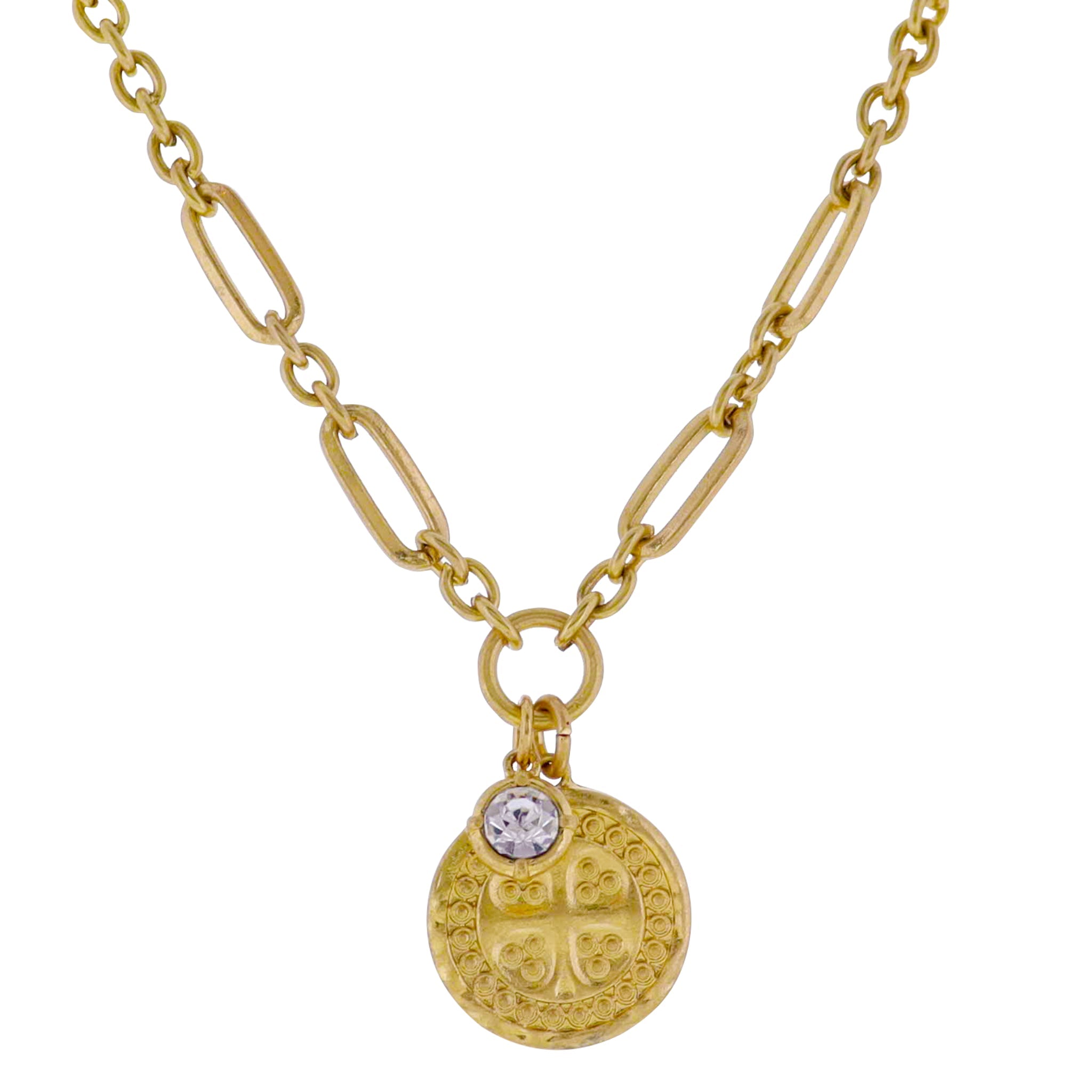 Gold Mixed Cable, Paperclip Chain Necklace with Gold Coin with Cross, Crystal Charm