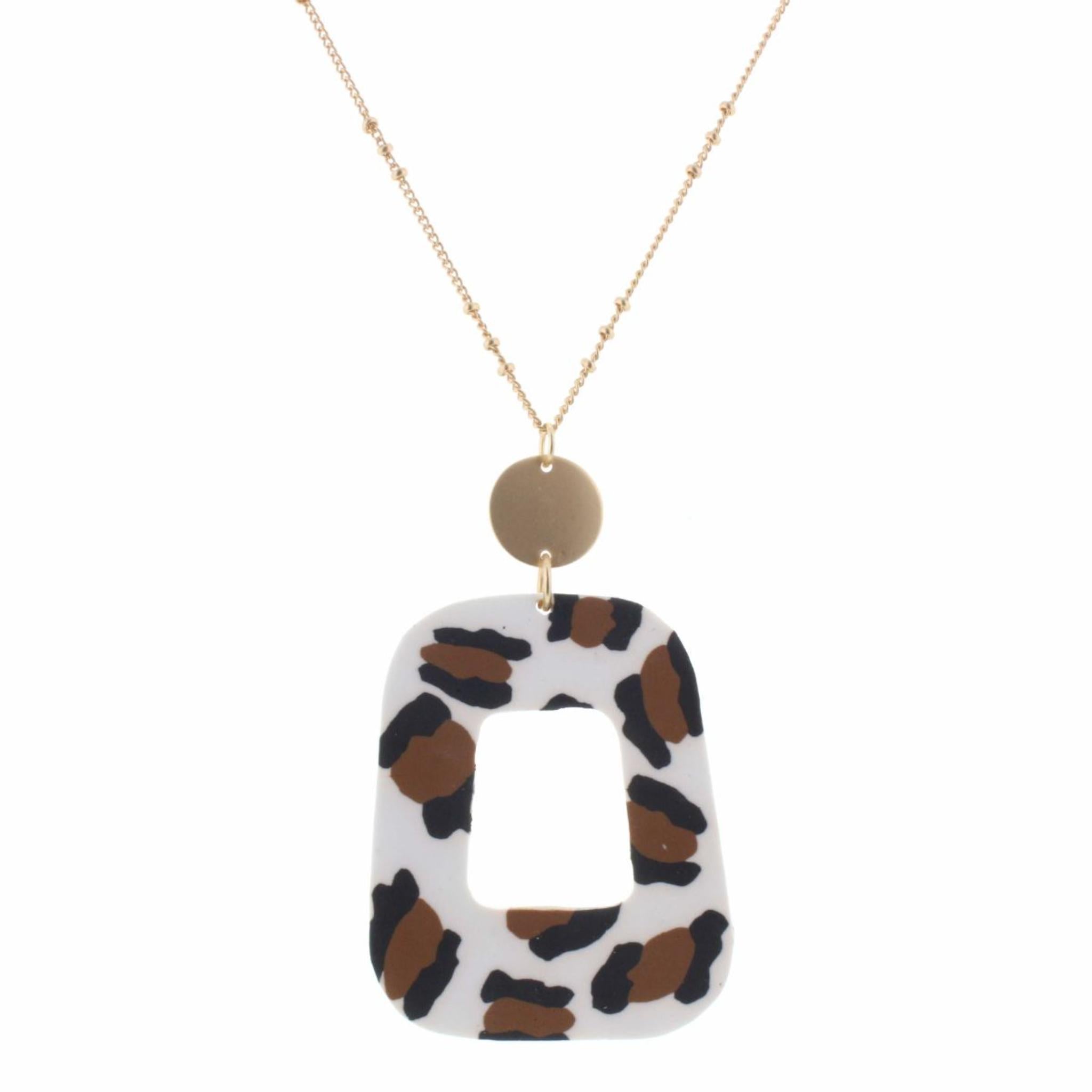30" Polymer Leopard Open Rectangle Necklace, 3" Ext