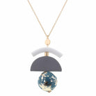 30" Polymer Clay White Tubular Arch with Grey Half Circle & Blue Gold Flaked Sphere Necklace, 3" Ext