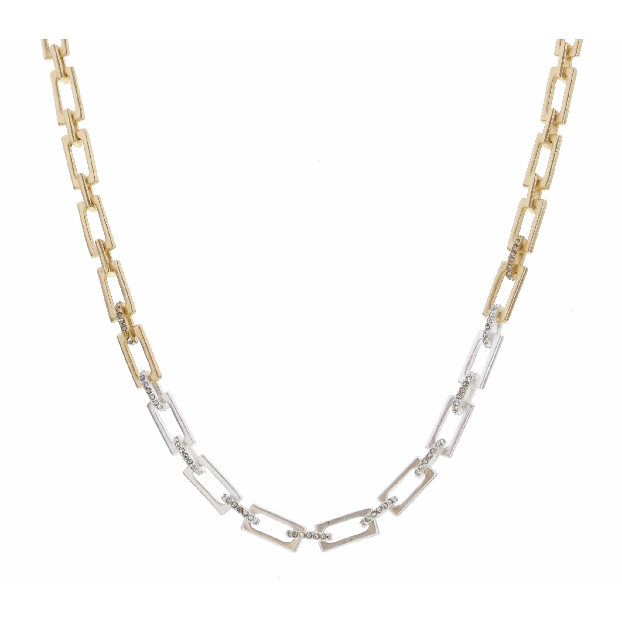 16" Two Tone Rectangle Cable Chain with Clear Crystals Necklace , 3" Ext