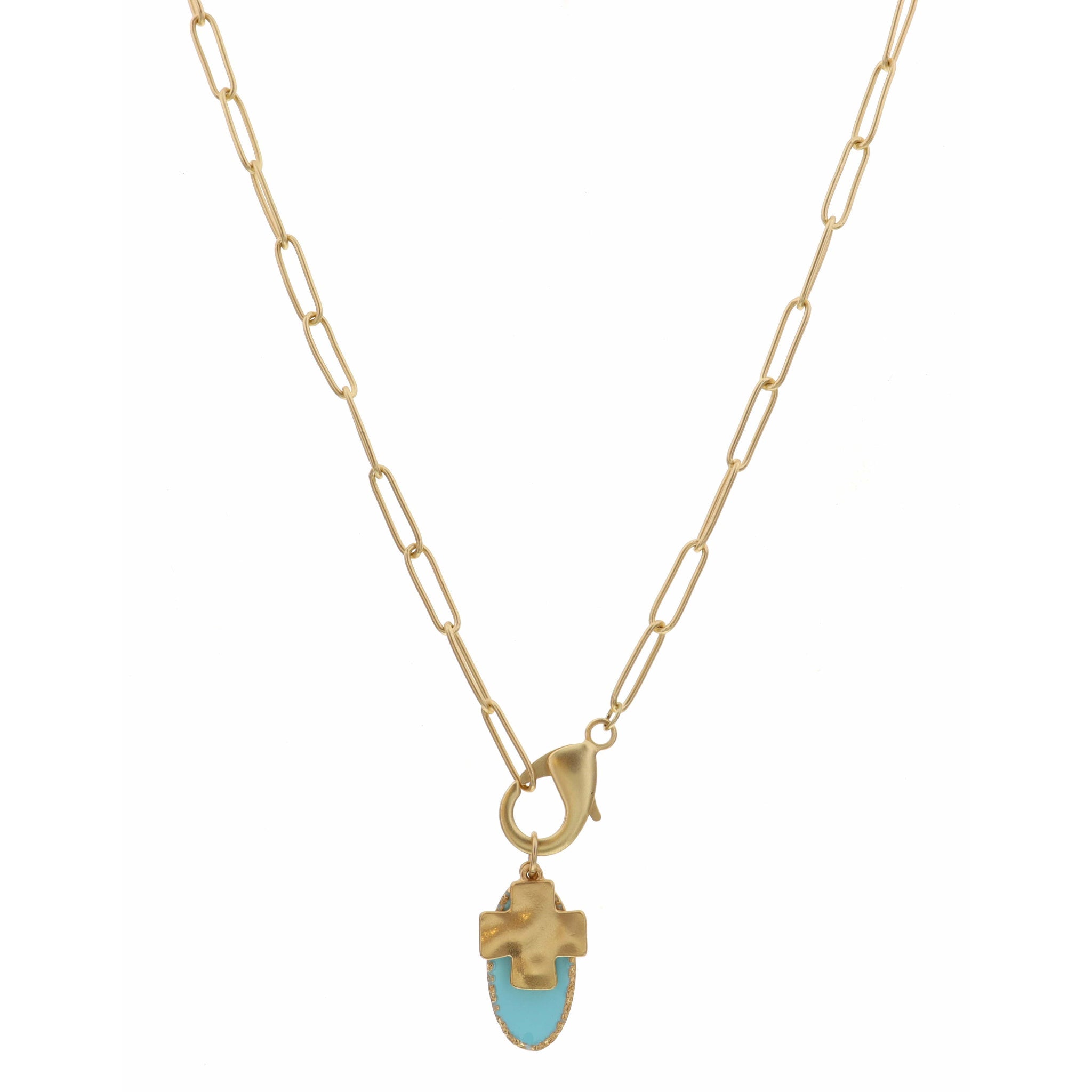 16" Mint Oval, Square Cross Charm, Lobster Claw Accent Necklace, 3" Ext
