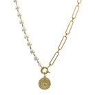 16" Chain & Pearl with Hammered Circle with Raised Cross Necklace, 3" Ext