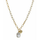 16" Chain & Pearl with Pearl & Gold Heart with Crystal Necklace, 3" Ext