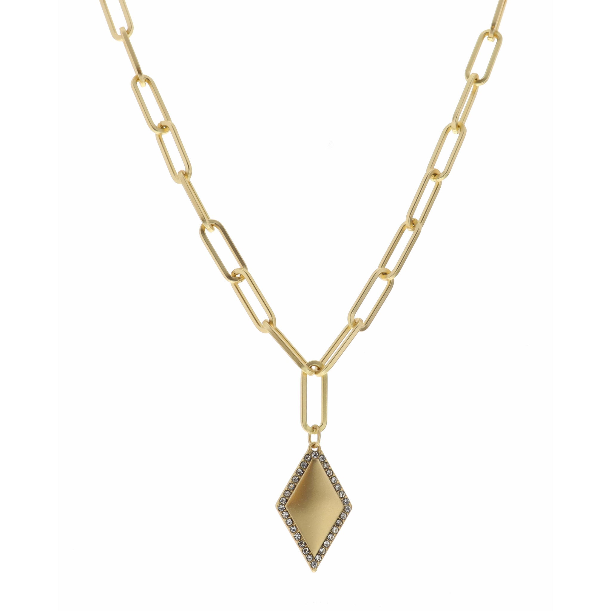 16" Diamond Shape with Crystal Outline Necklace, 3" Ext