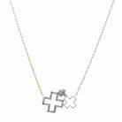 16" Two Tone, Open Cross, Small and Crystal Crosses Necklace, 3" Ext