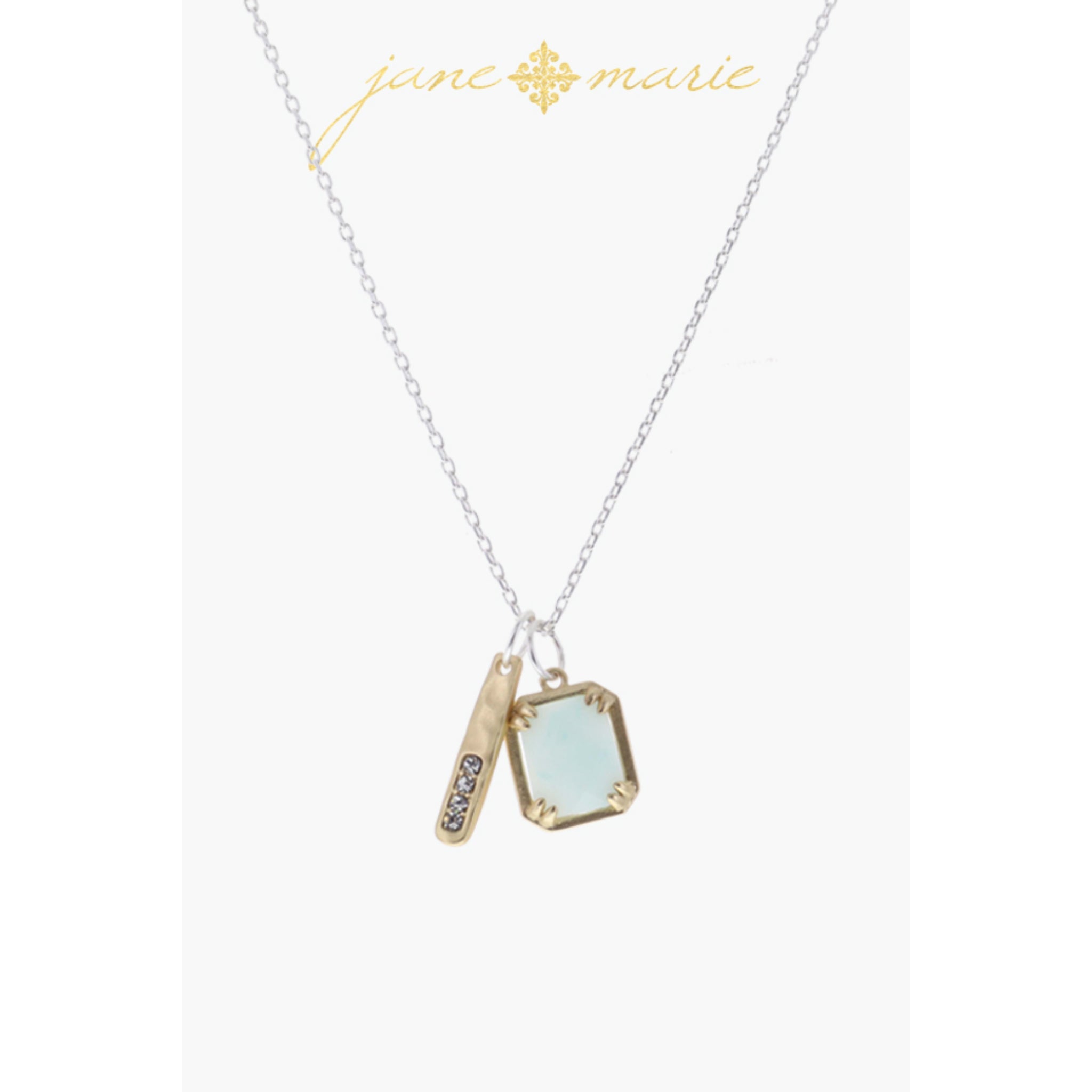 Gold Hammered Disc, Rectangle Clear Crystal Necklace