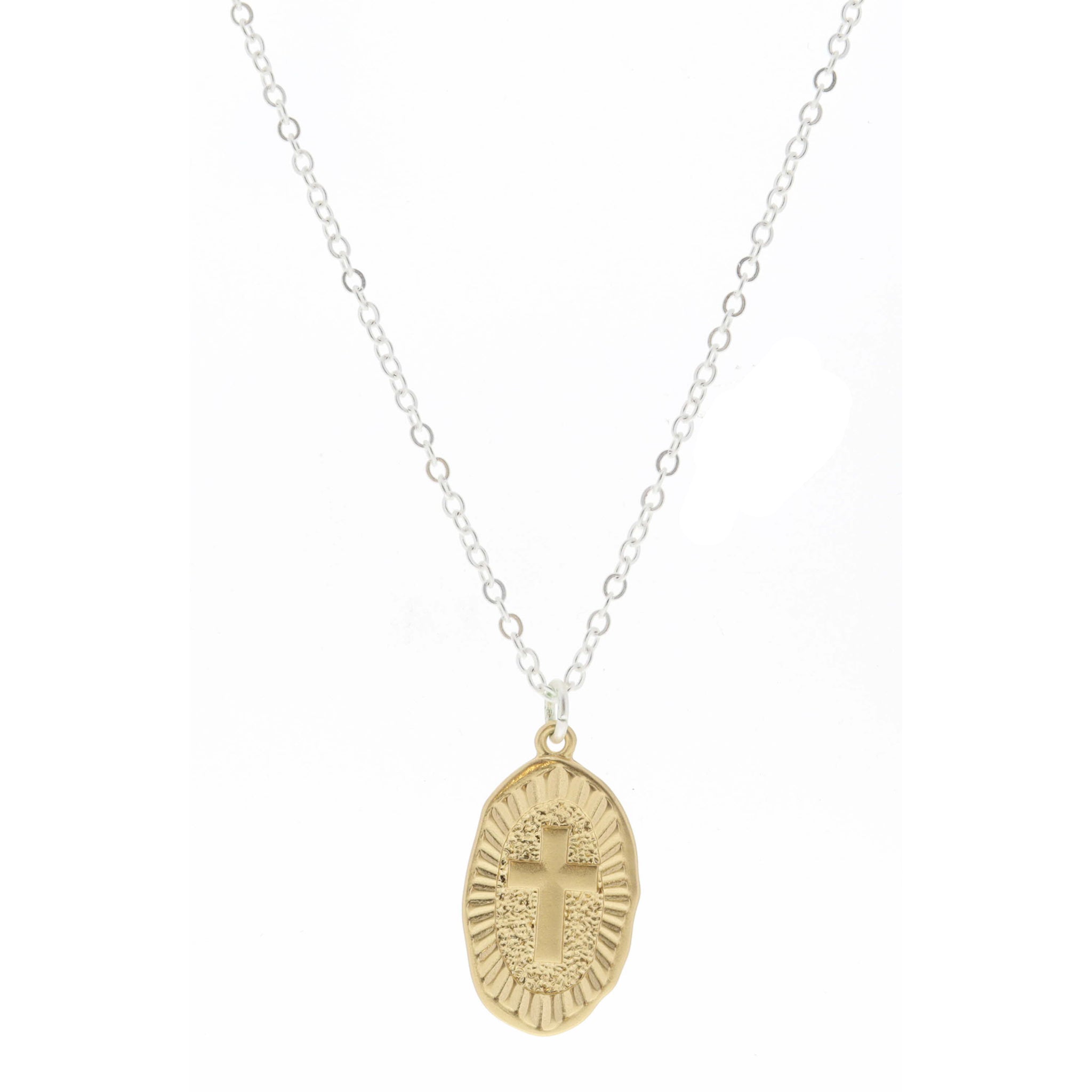 Gold Textured Oval with Cross Center Necklace