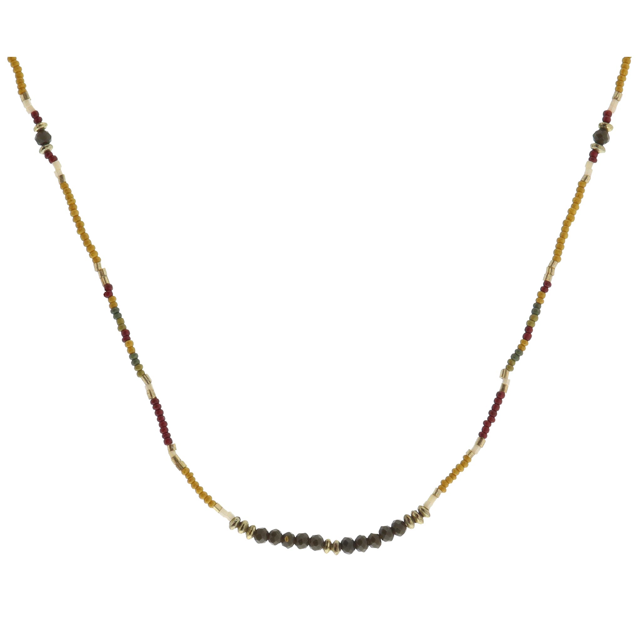 Mustard, Green, Olive, Red, Gold Beaded with Olive Faceted Beaded Portion Necklace