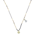 Gold, Taupe, Black, Grey Beaded with Grey Tassel and Gold Disc Necklace