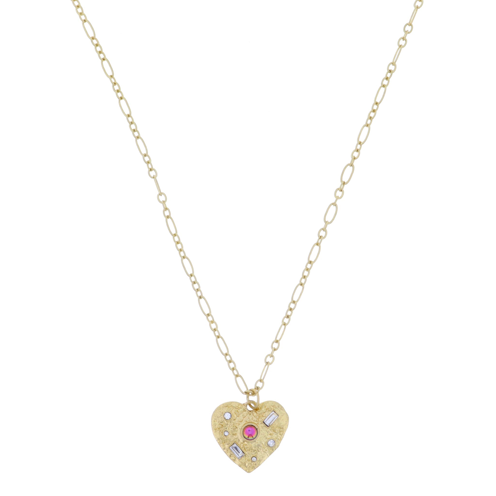 Gold Tectured Heart with Purple AB Opalite and Clear Baguette and Mini Crystal Accents Necklace