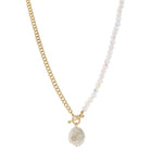 Gold Ball Bar Toggle & Natural Irregular Coin Pearl with Crystal & Moonstone Necklace, .75" Penant