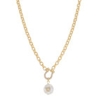 Crystal Pave Horseshoe Carabiner & Natural Coin Pearl with Pave Crystal Heart Necklace, .65" Penant