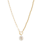 Gold Twist Heart Carabiner and Natural Coin Pearl with Mini Crystal Cross, Necklace, .75" Penant
