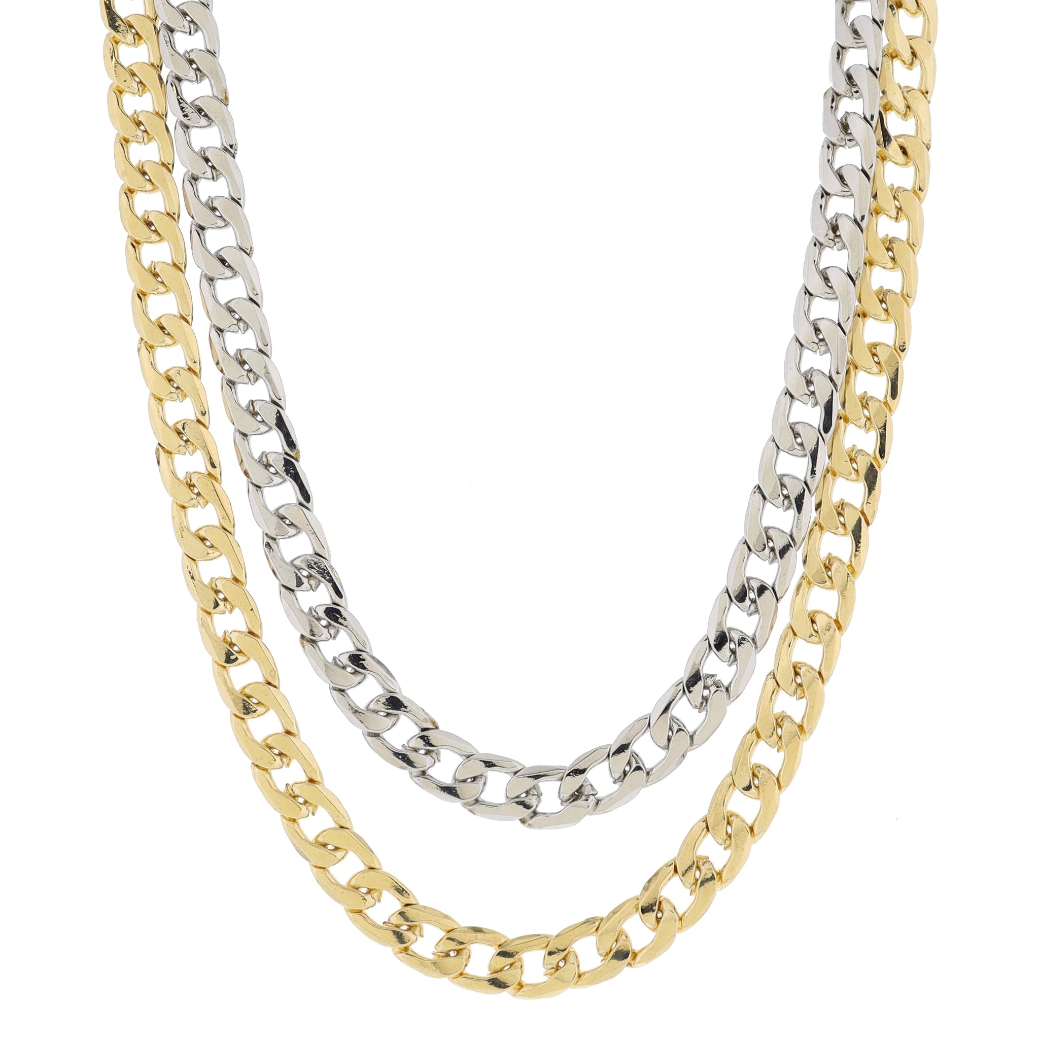 2 Layer Chunky 2-Tone Silver Cuban Curb Chain & Gold Cuban Curb Chain Necklace, .35", .35" Pendant