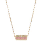 16" 6-Sided Cylinder Bar, White Cross with Crystals, Pink & Gold "BLESSED", Gold Necklace, 3" Ext