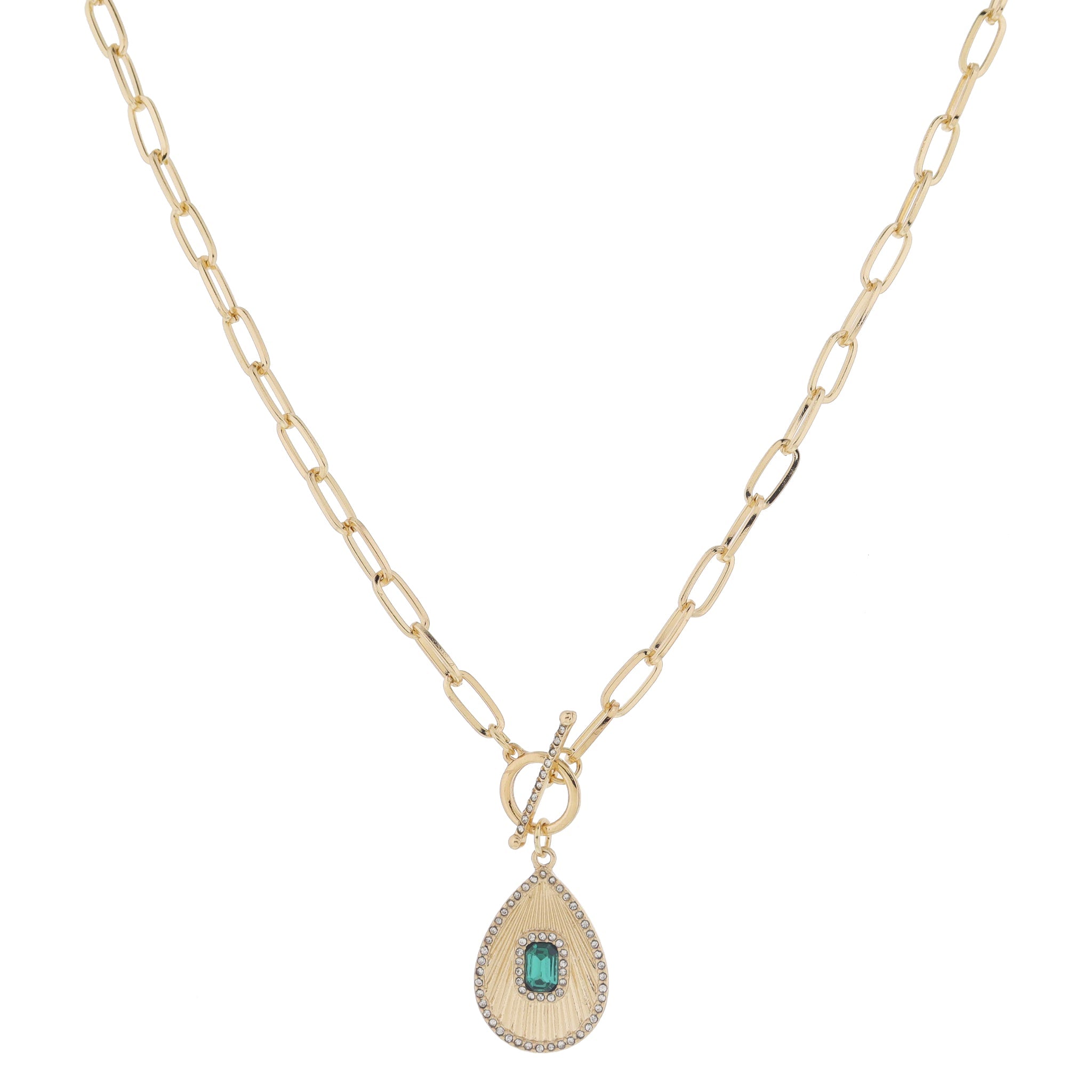 18" Crystal Toggle & Sunray Teardrop with Green Emerald Crystal & Crystal Edge Necklace, 3" Ext