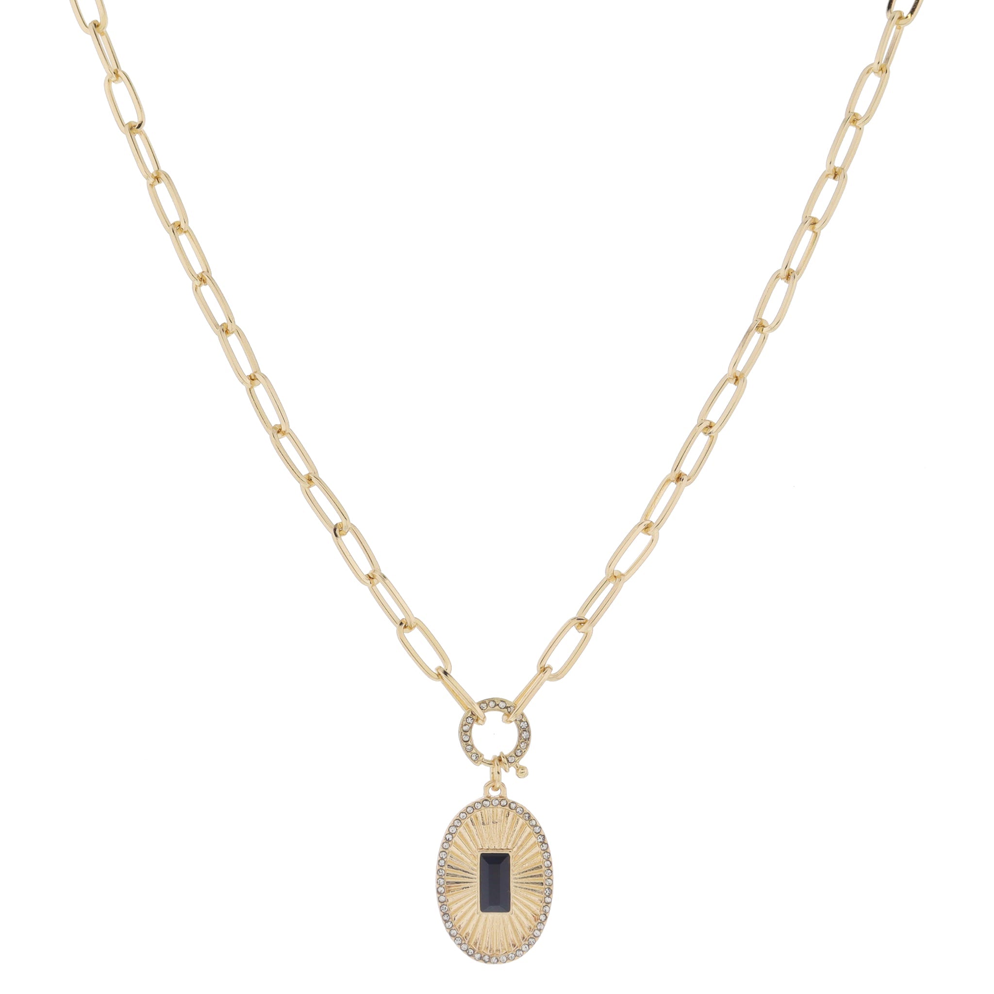 18" Crystal Spring Ring Gold Sunburst Oval with Jet Center Crystal & Crystal Edge Necklace, 3" Ext