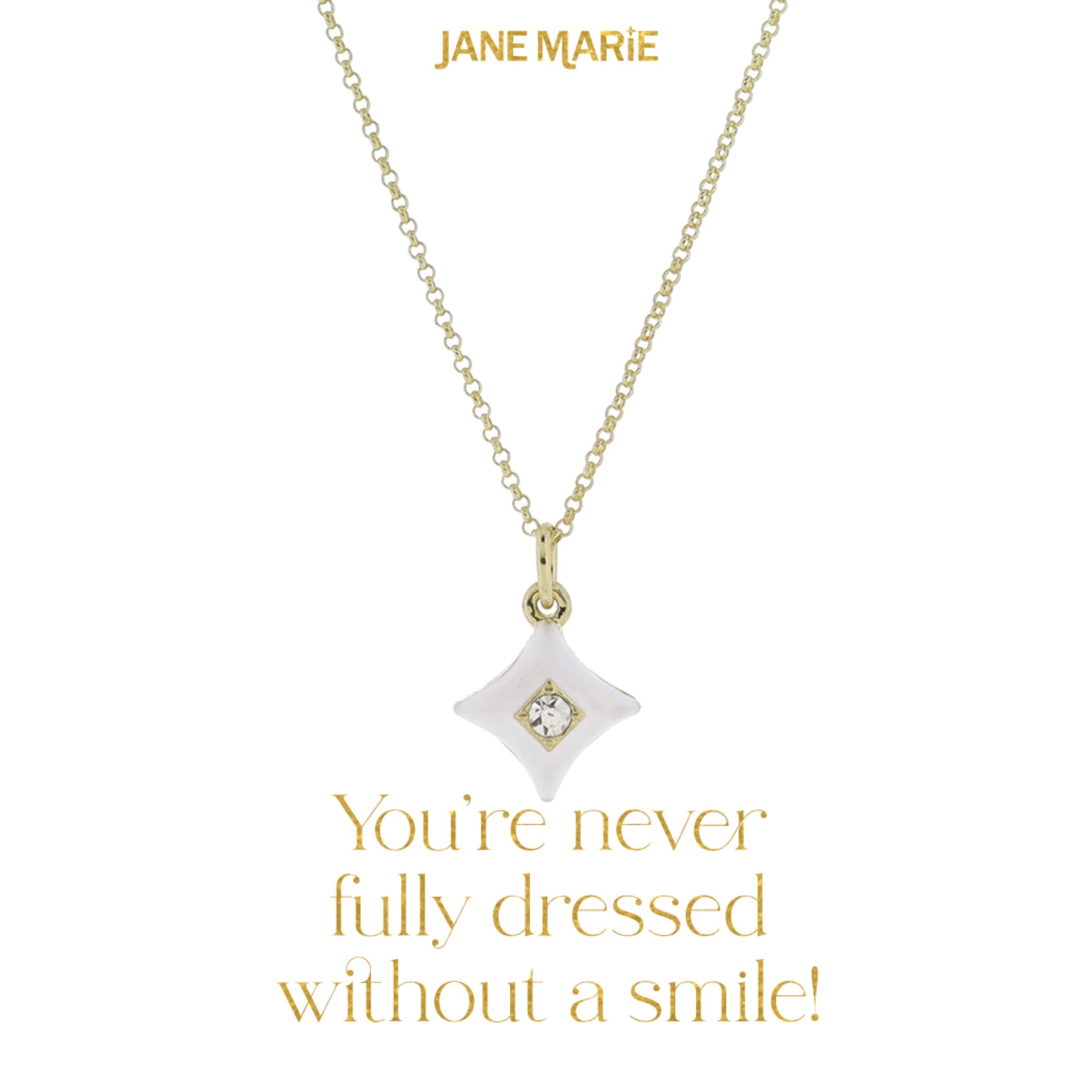 16" White Enamel Pointed Diamond with Mini Center Crystal Necklace, 3" Ext