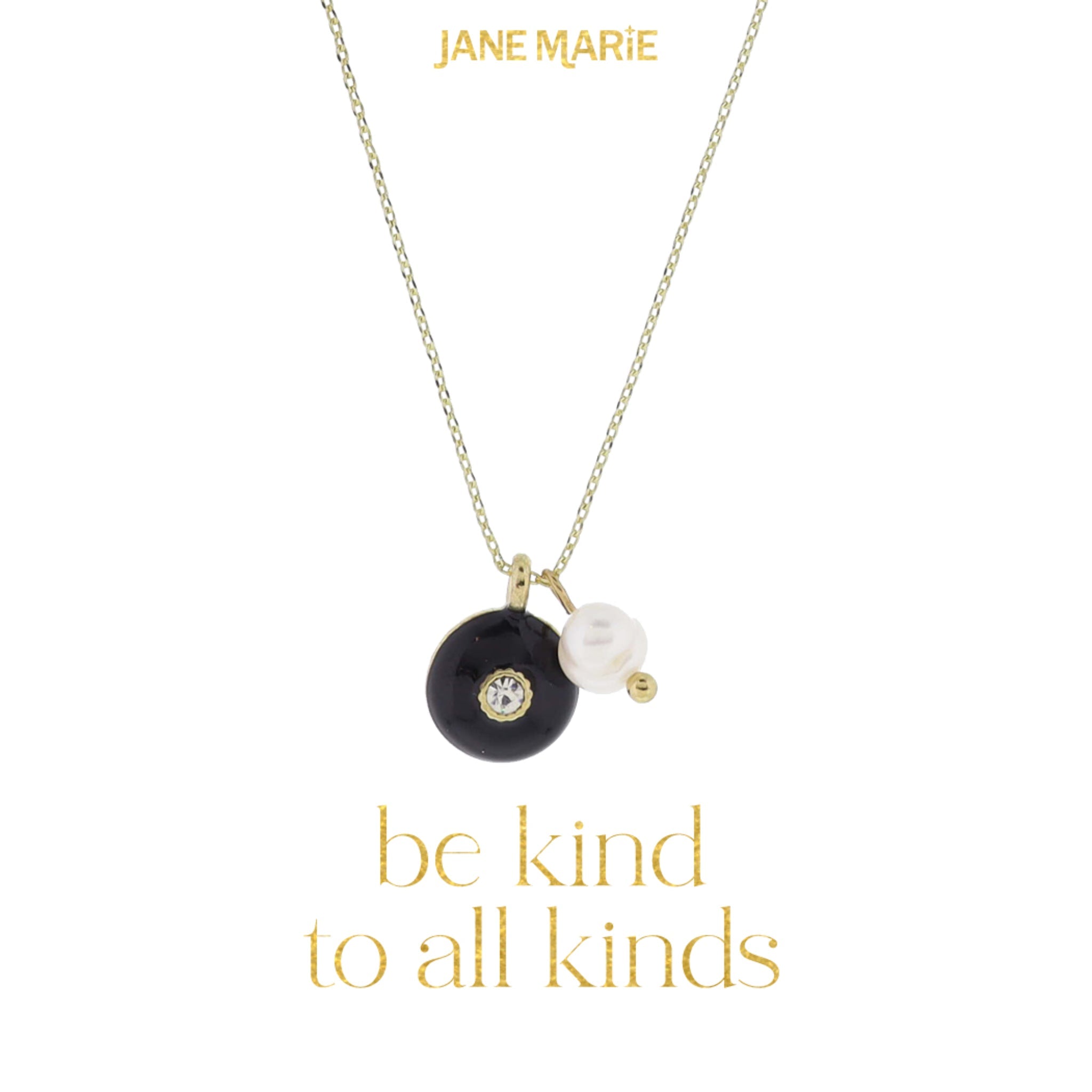 16" Black Enamel Circle with Mini Center Crystal and Pearl Dangle Necklace, 3" Ext
