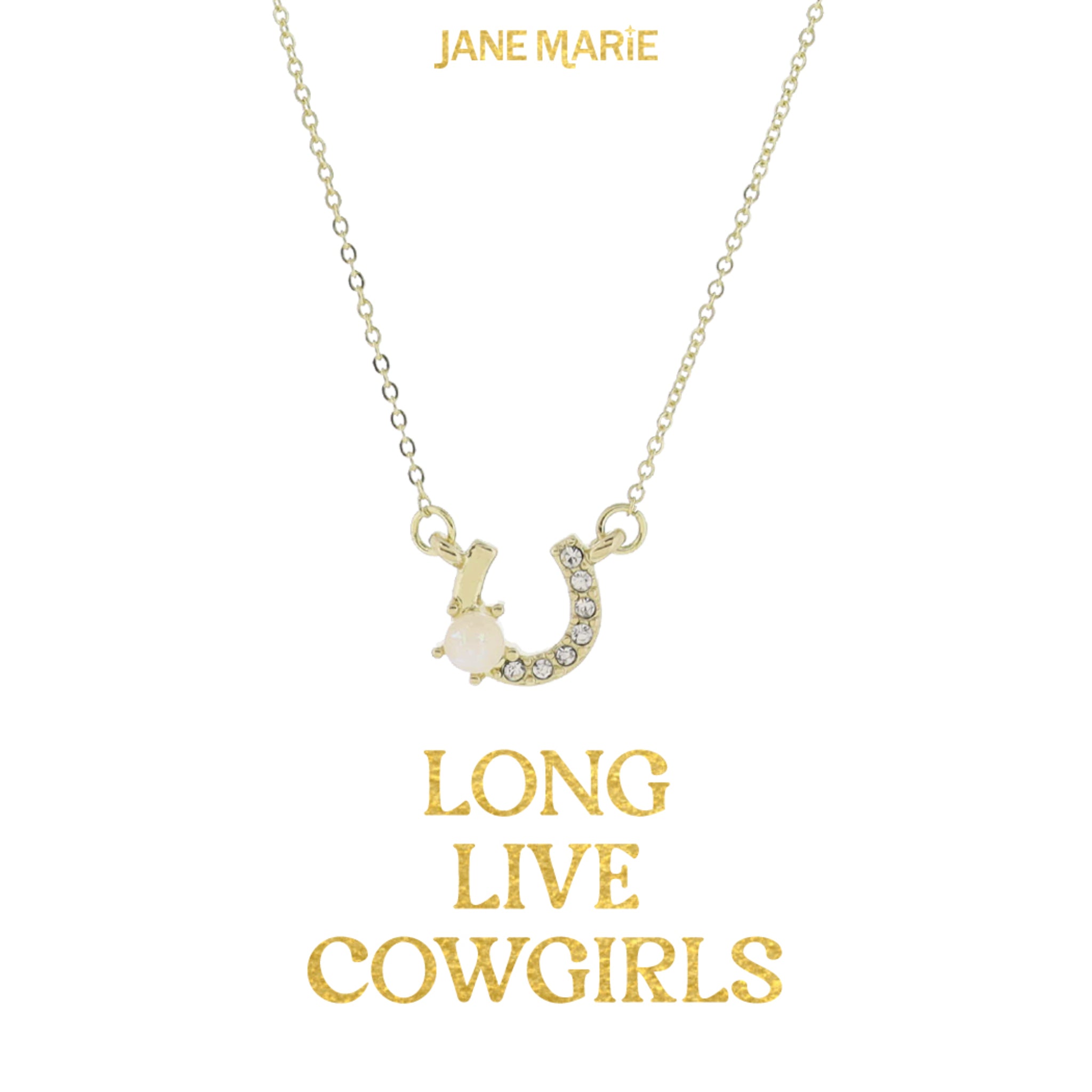 16" Gold Horseshoe with Opal Accent and Pave Crystal Embellishment Necklace, 3" Ext