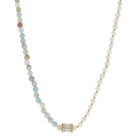 16" Half Amazonite, Half Pearl Beaded with Crystal & Baguette Crystal Rondel Necklace, 3" Ext