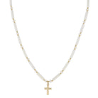 16" Iridescent Shell Cylinder Beads and Pearl Beads with Hammered Gold Cross Necklace, 3" Ext