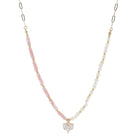 16" Partial Half Pink Shell, Half Pearl Beaded with Clear Crystal Heart Necklace, 3" Ext