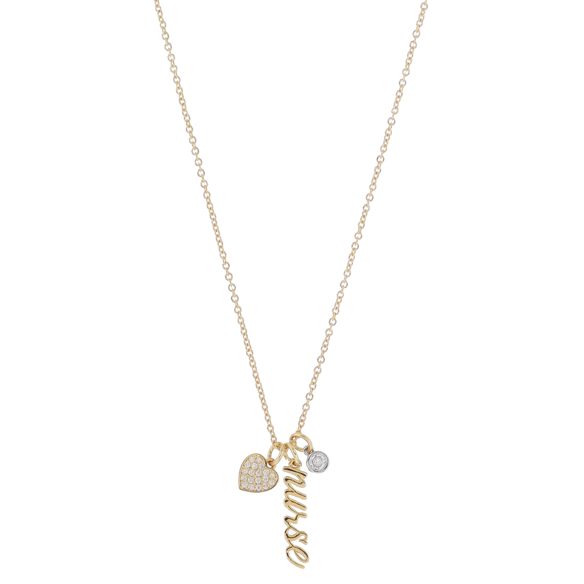 16" Gold Pave Crystal Heart, Gold Cursive "nurse", Silver Bezel Crystal Necklace, 3" Ext