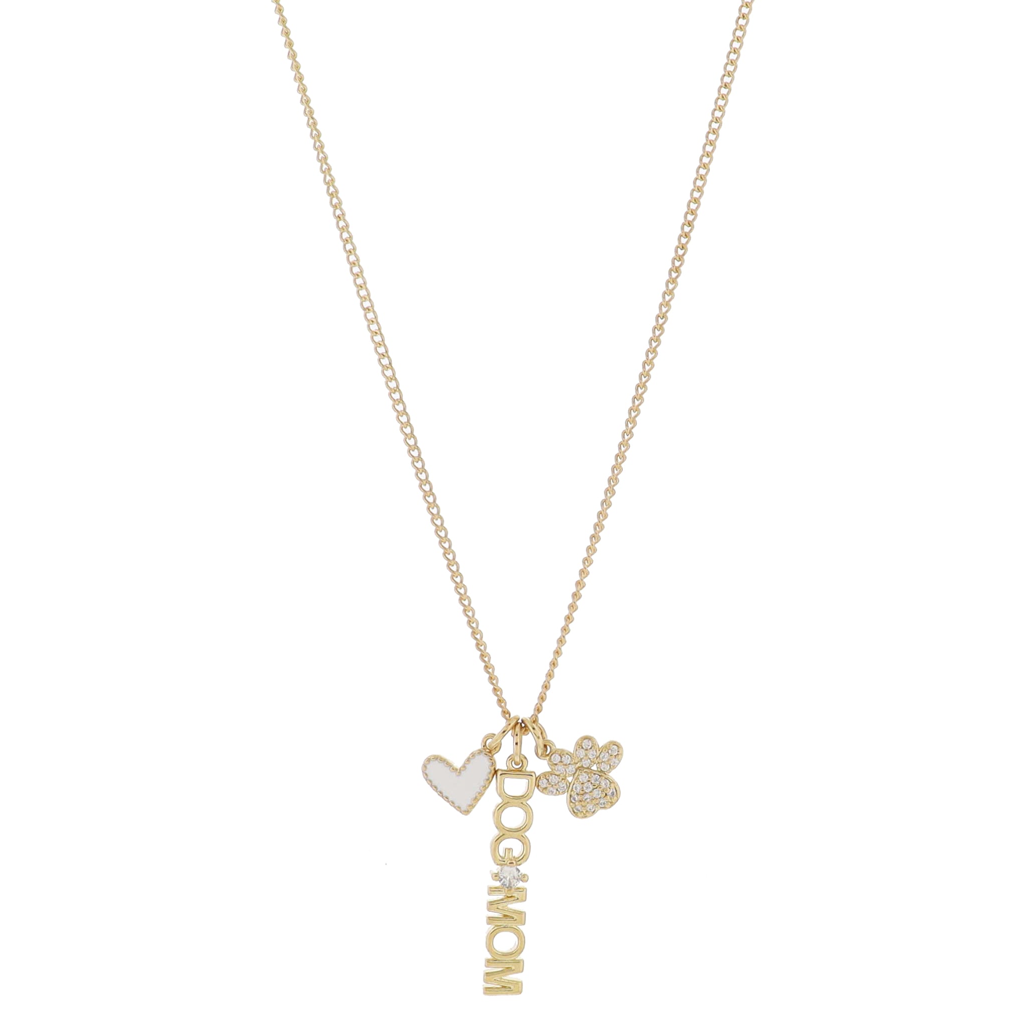 16" White Enamel Heart, Gold "DOG MOM" with Crystal, Gold Pave Crystal Pawprint Necklace, 3" Ext