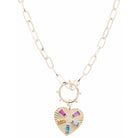 16" Gold Studded Ring and Starburst Textured Gold Heart with Multi Crystal Accents Necklace