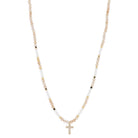 16" Champagne Faceted Sone Beaded with Pearls & Gold Beads with Crystal Cross Necklace, 3" Ext