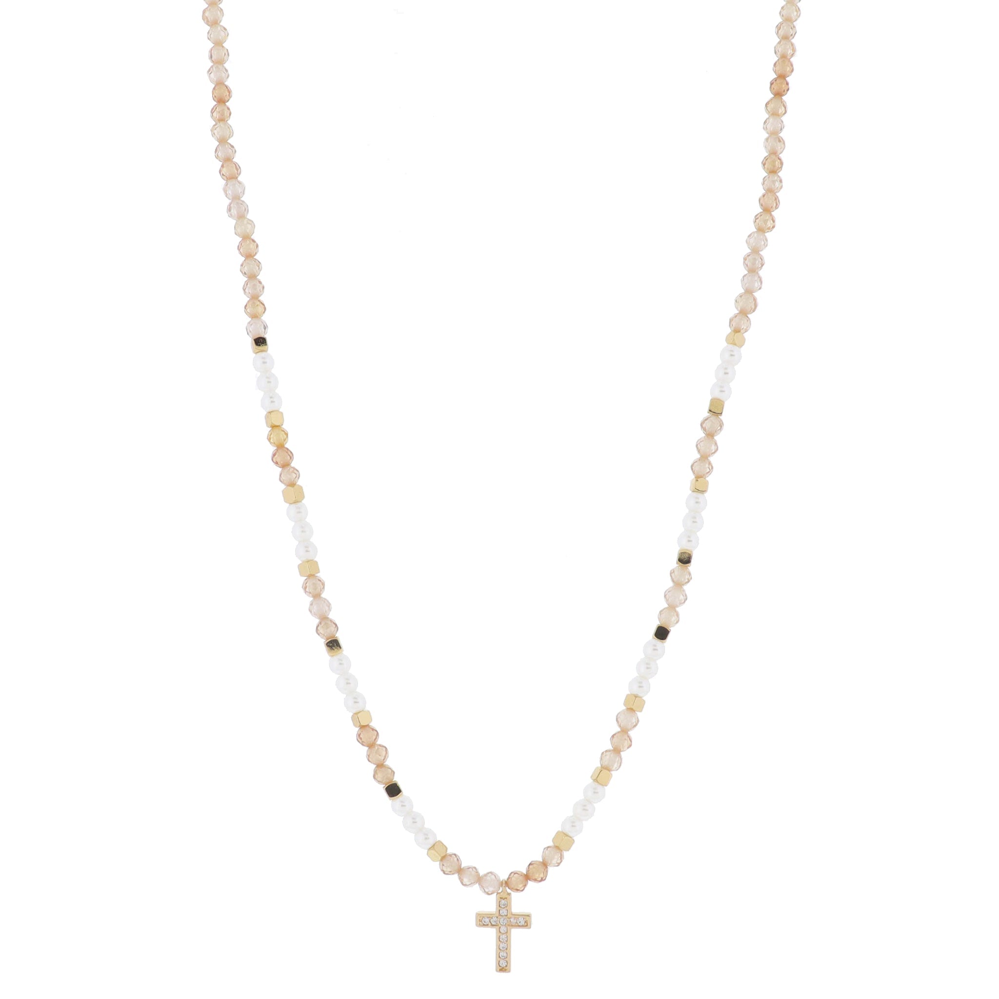 16" Champagne Faceted Sone Beaded with Pearls & Gold Beads with Crystal Cross Necklace, 3" Ext