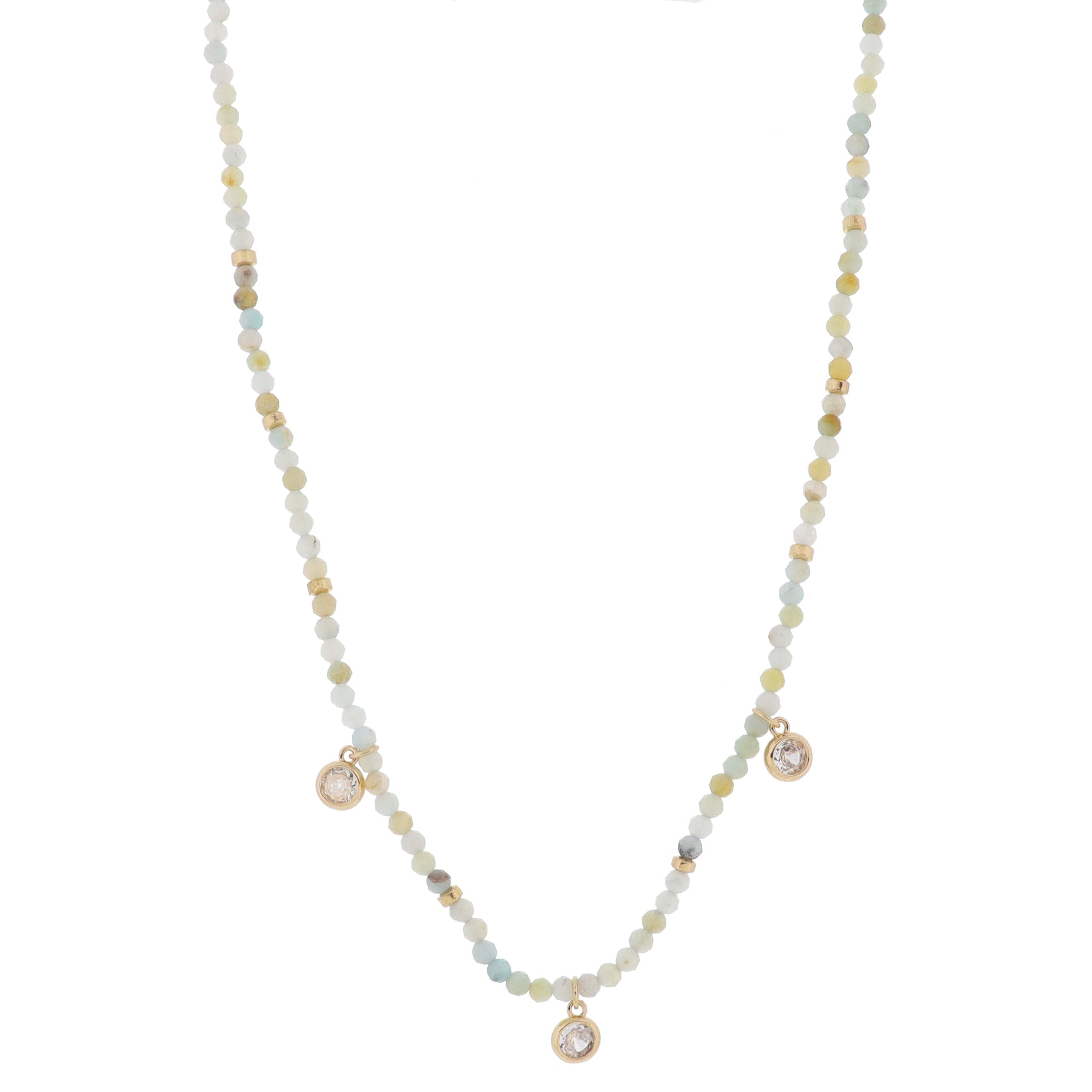 16" Amazonite Mini Faceted Stone Beaded with Gold Beads & Crystal Stations Necklace, 3" Ext