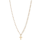 16" Half Double Gold Long & Short Chains, Half Topaz Beaded Link Chain with Cross Necklace, 3" Ext