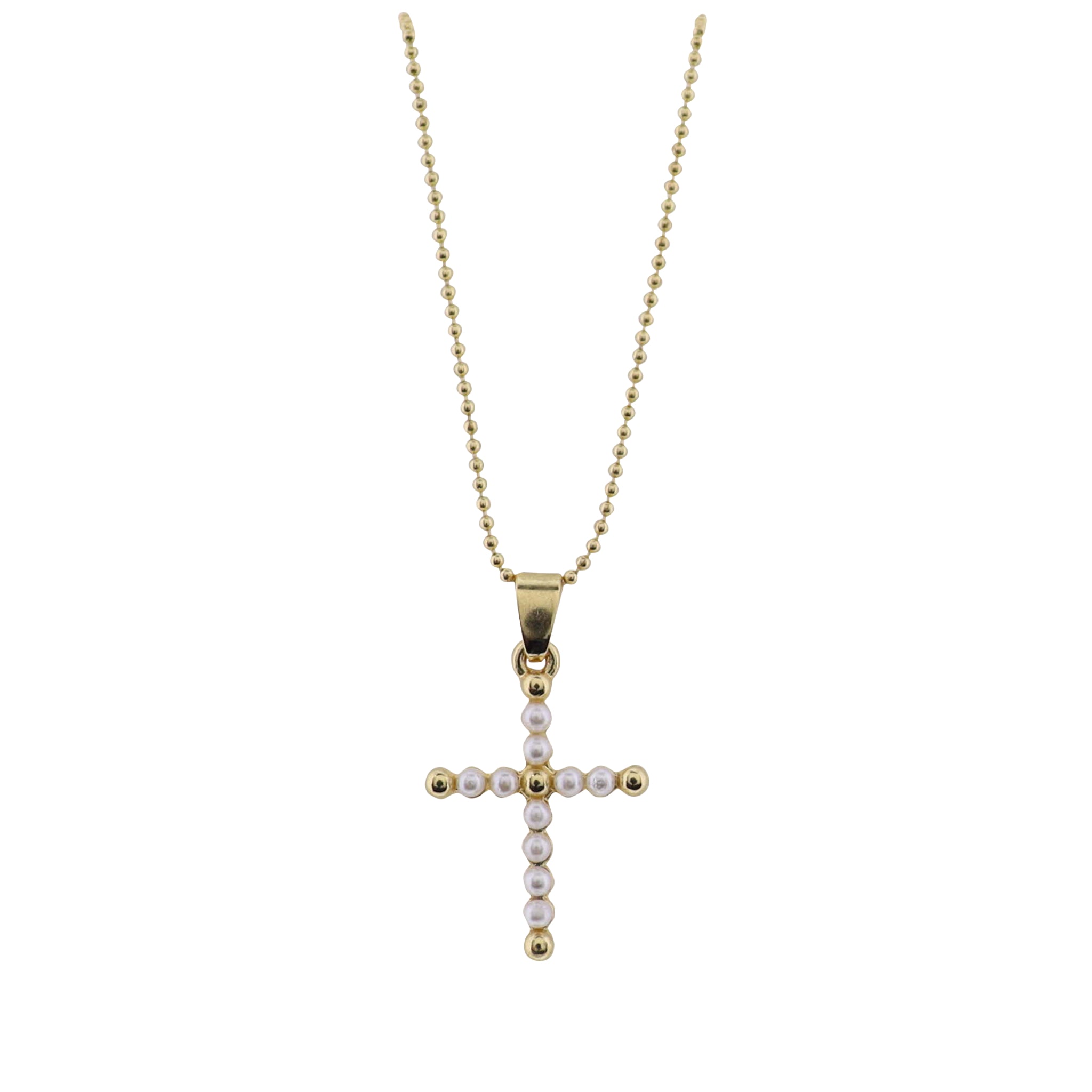 18K Gold Plated Chain Necklace with Pearl Beaded Cross – Charming
