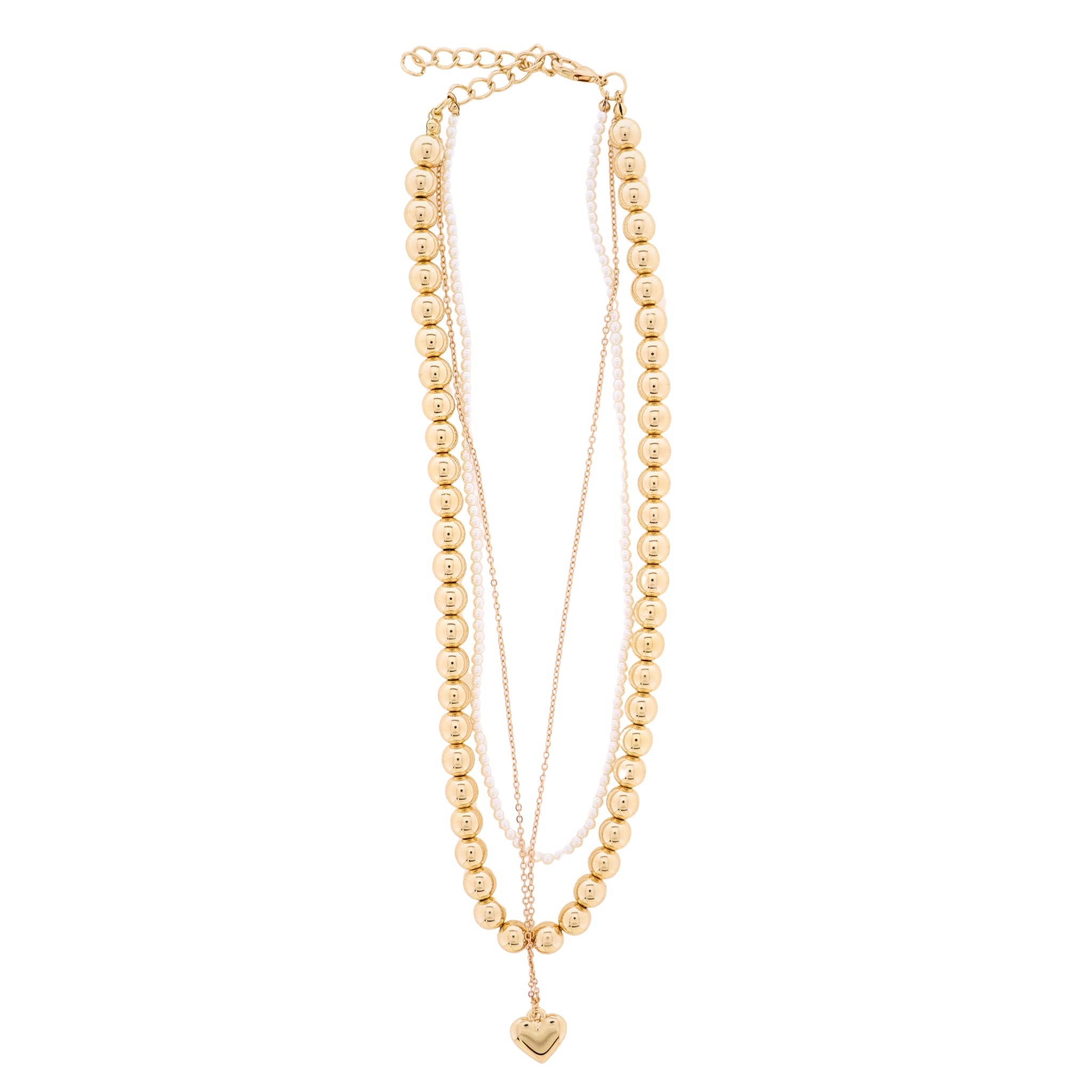 18K Gold Plated Gold & Pearl Beaded 3 Strand Necklace with Gold Heart