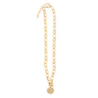 18K Gold Plated Gold Oval Link Chain Necklace with Gold Hammered Disk