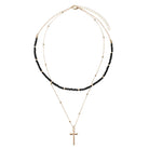 Jet, Gold Beaded 2 Layer Necklace with Gold Cross