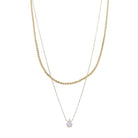 18K Gold Plated 2 Layer Wave & Rolo Chain Necklace with Clear Crystal Teardrop