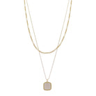 18K Gold Plated 2 Layer Oval, Round Link, Cable Chain Necklace with White Sqaure Stone