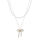 18K Gold Plated 2 Layer Pearl & O-Shape Chain Necklace with Clear Crystal Bow