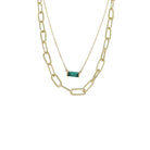 Gold 2 Layer Oval Link, Rolo Chain Necklace with Emerald Crystal Rectangle