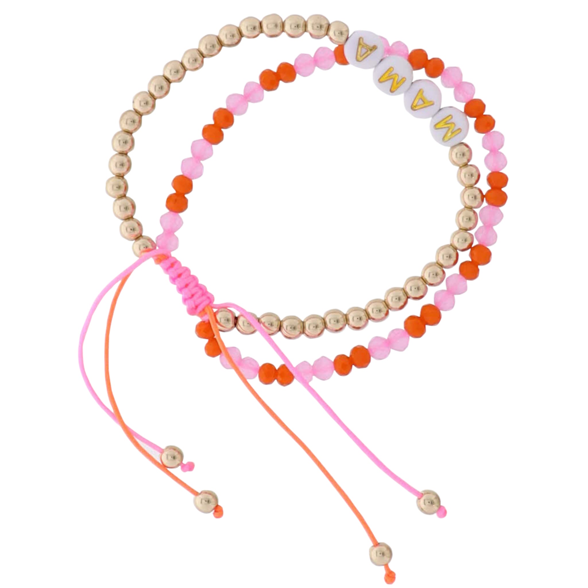 2 Strand Orange, Pink, Gold Beaded Pully Adj. Bracelet with White, Gold "Mama"